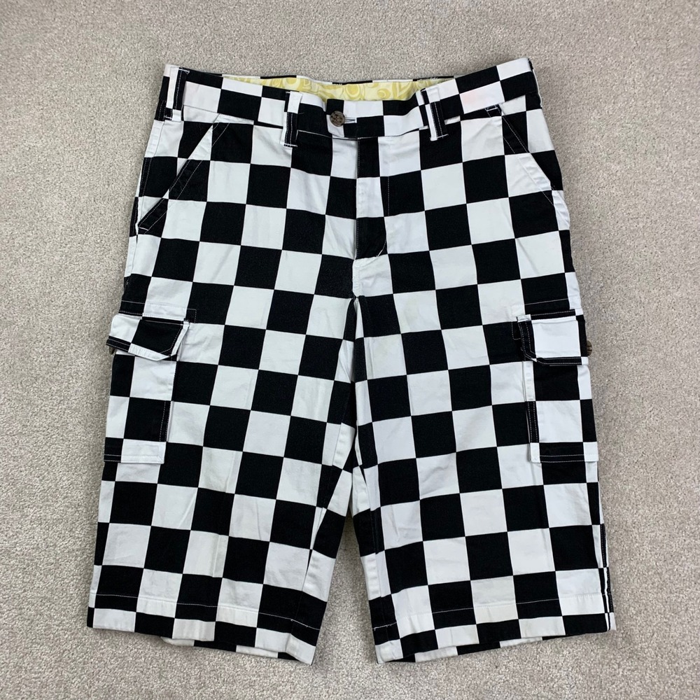 Loudmouth Golf Cargo Shorts Mens 34 Black White Checkerboard Plaid LM Logo
